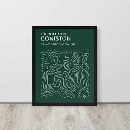 Coniston Old Man Contour Elegance Framed Poster - Abstract Topographical Art - Green/White