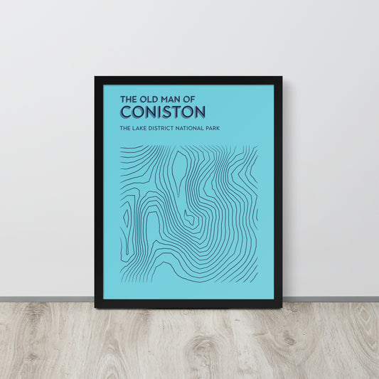 Coniston Old Man Contour Elegance Framed Poster - Abstract Topographical Art - Light Blue/Dark Blue