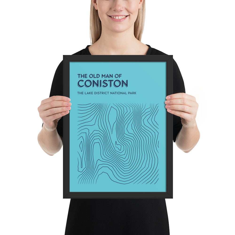 Coniston Old Man Contour Elegance Framed Poster - Abstract Topographical Art - Light Blue/Dark Blue