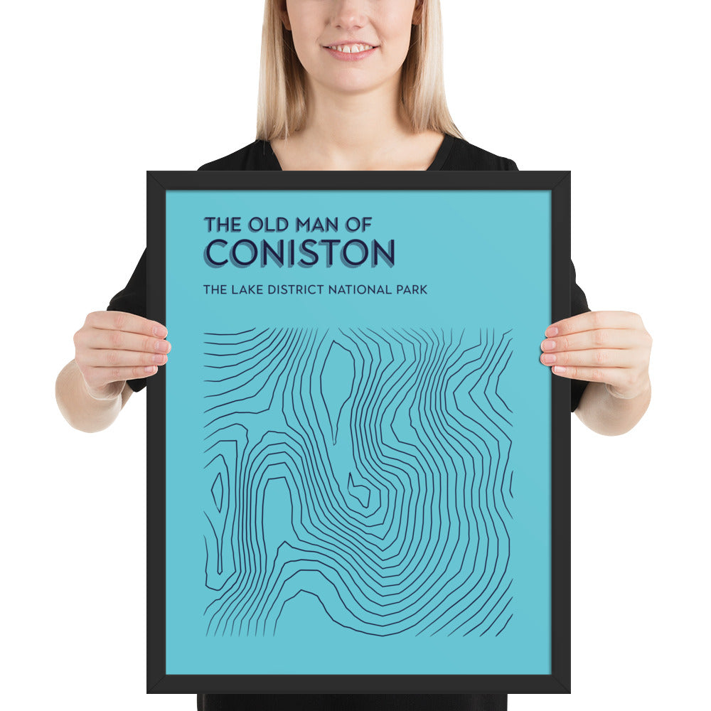 Coniston Old Man Contour Elegance Framed Poster - Abstract Topographical Art - Light Blue/Dark Blue