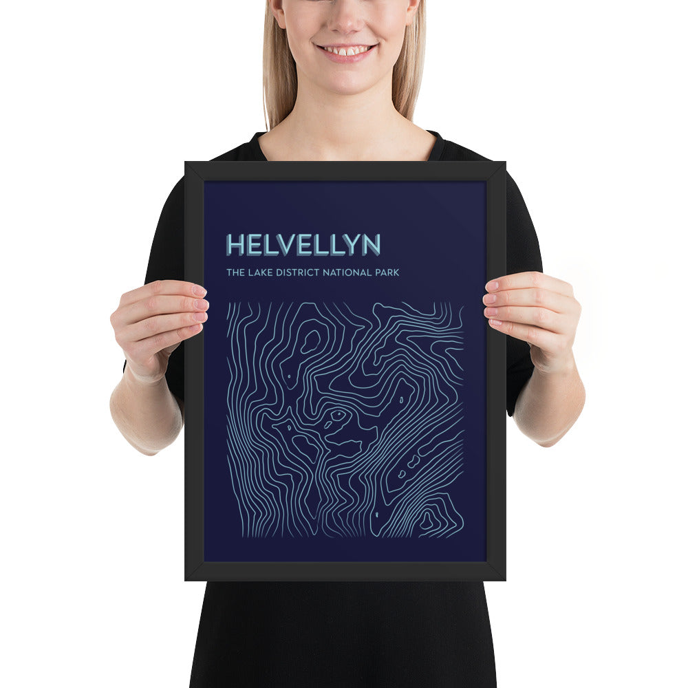 Helvellyn Contour Elegance Framed Poster - Abstract Topographical Art - Dark Blue/Light Blue