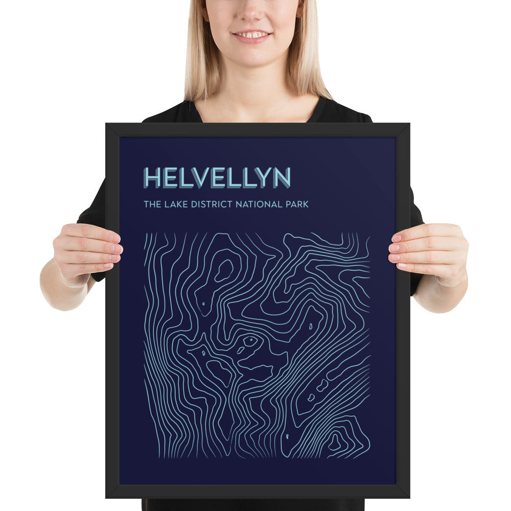 Helvellyn Contour Elegance Framed Poster - Abstract Topographical Art - Dark Blue/Light Blue