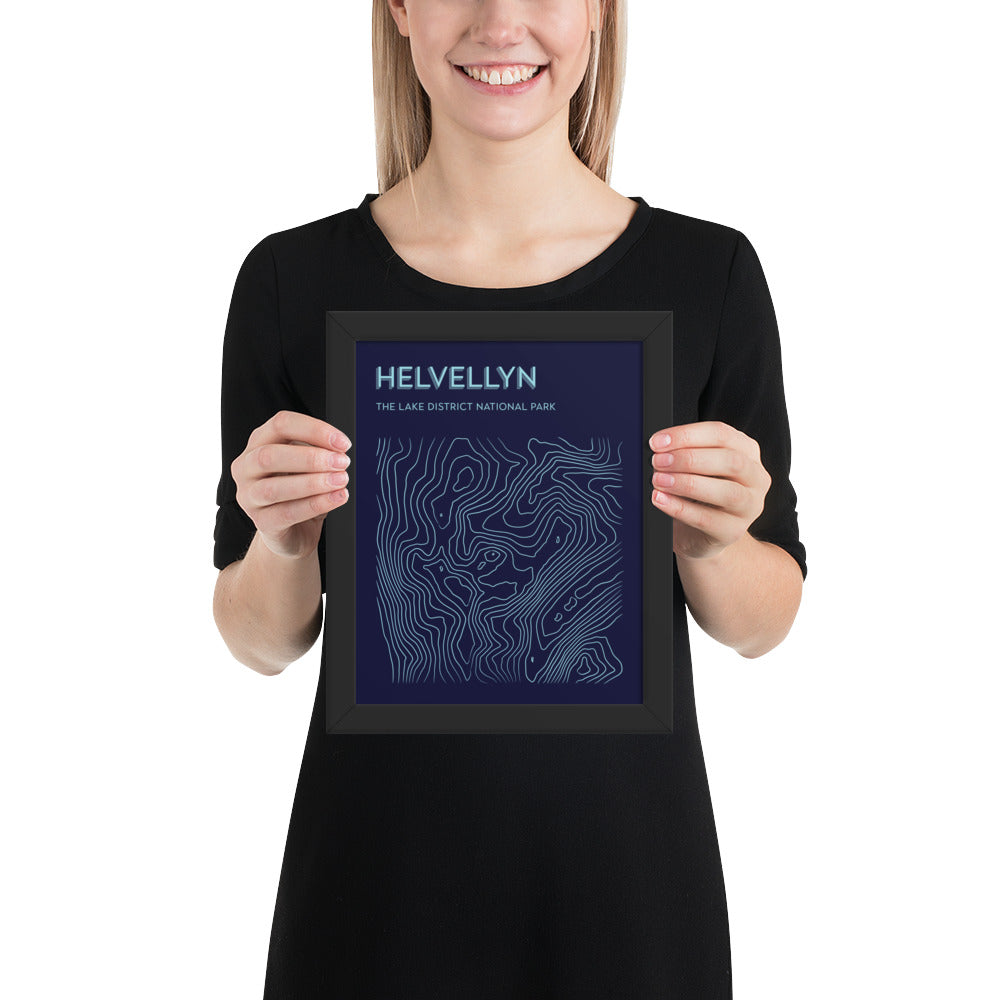 Helvellyn Contour Elegance Framed Poster - Abstract Topographical Art - Dark Blue/Light Blue