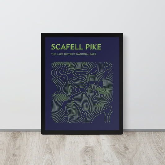 Scafell Pike Contour Elegance Framed Poster - Abstract Topographical Art - Blue/Green