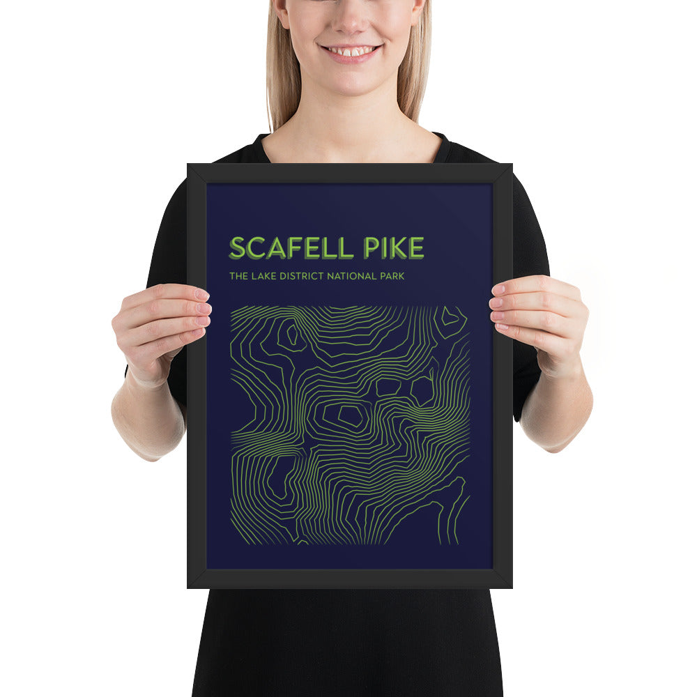 Scafell Pike Contour Elegance Framed Poster - Abstract Topographical Art - Blue/Green