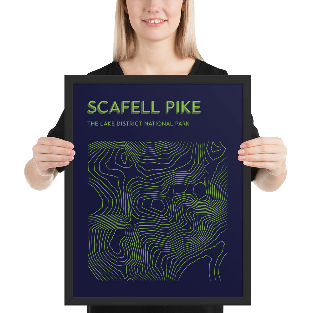 Scafell Pike Contour Elegance Framed Poster - Abstract Topographical Art - Blue/Green