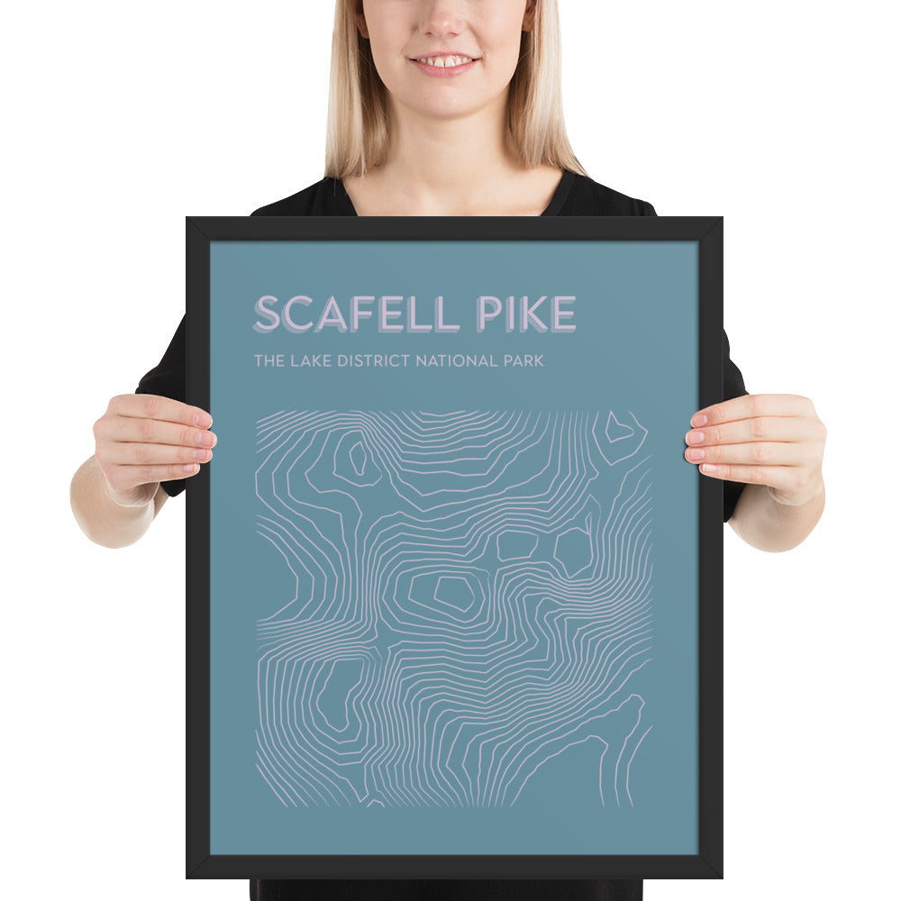 Scafell Pike Contour Elegance Framed Poster - Abstract Topographical Art - Blue/Pink