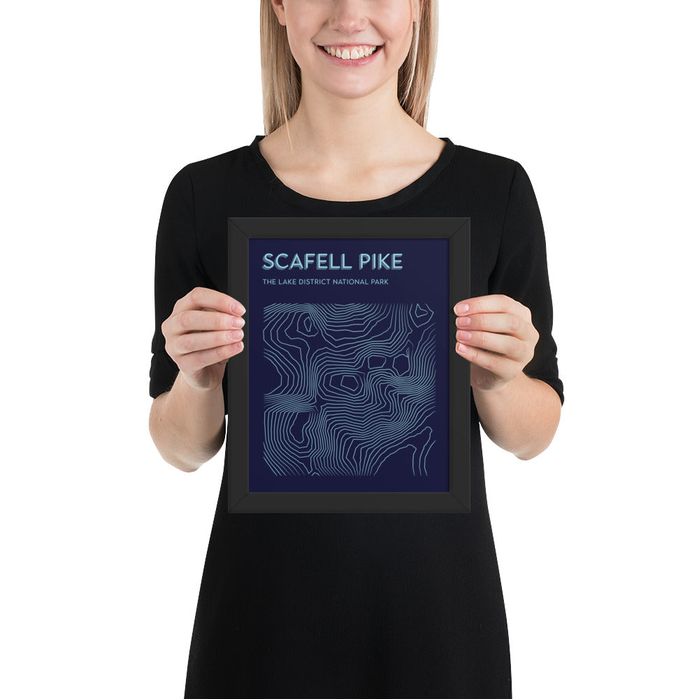 Scafell Pike Contour Elegance Framed Poster - Abstract Topographical Art - Dark Blue/Light Blue