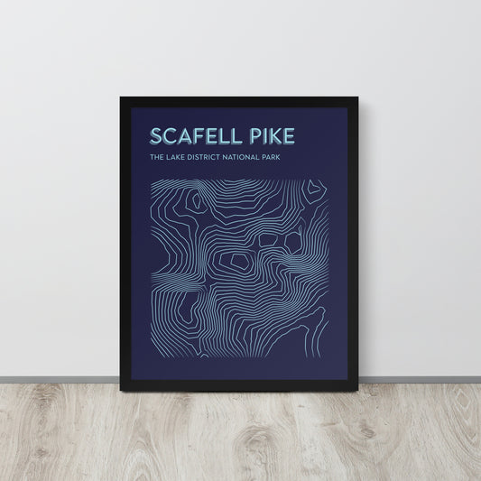 Scafell Pike Contour Elegance Framed Poster - Abstract Topographical Art - Dark Blue/Light Blue