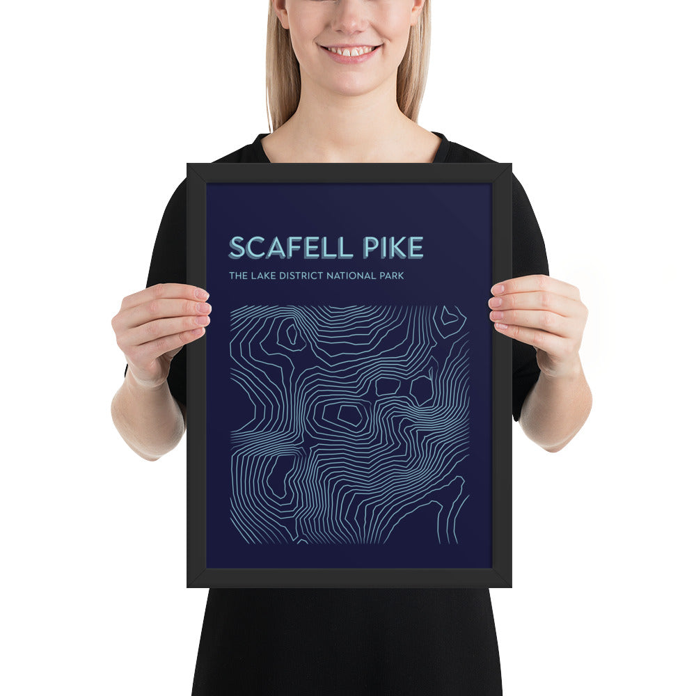 Scafell Pike Contour Elegance Framed Poster - Abstract Topographical Art - Dark Blue/Light Blue