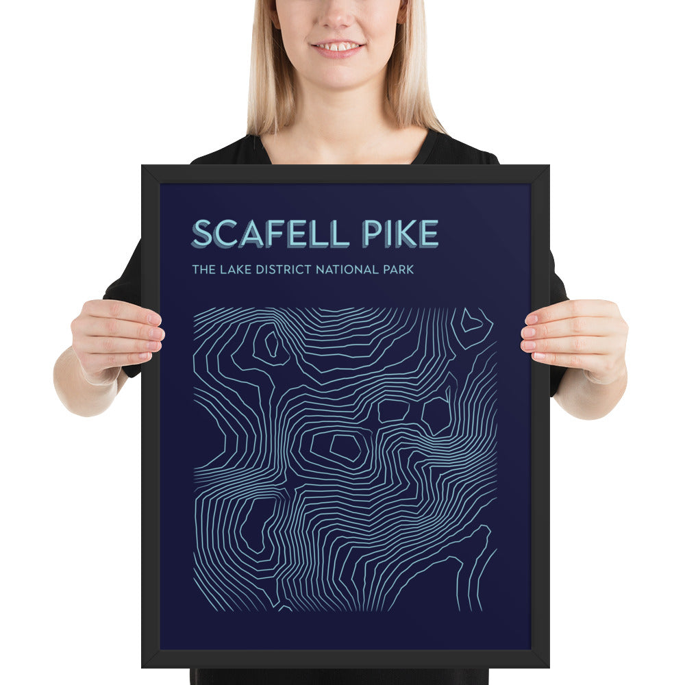 Scafell Pike Contour Elegance Framed Poster - Abstract Topographical Art - Dark Blue/Light Blue