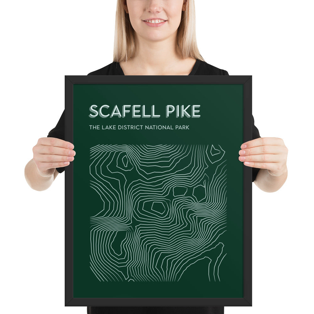 Scafell Pike Contour Elegance Framed Poster - Abstract Topographical Art - Green/White