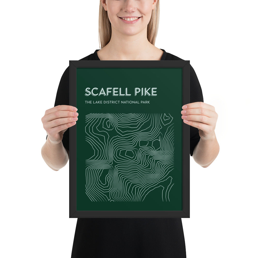 Scafell Pike Contour Elegance Framed Poster - Abstract Topographical Art - Green/White