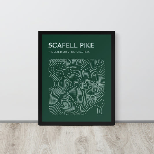 Scafell Pike Contour Elegance Framed Poster - Abstract Topographical Art - Green/White