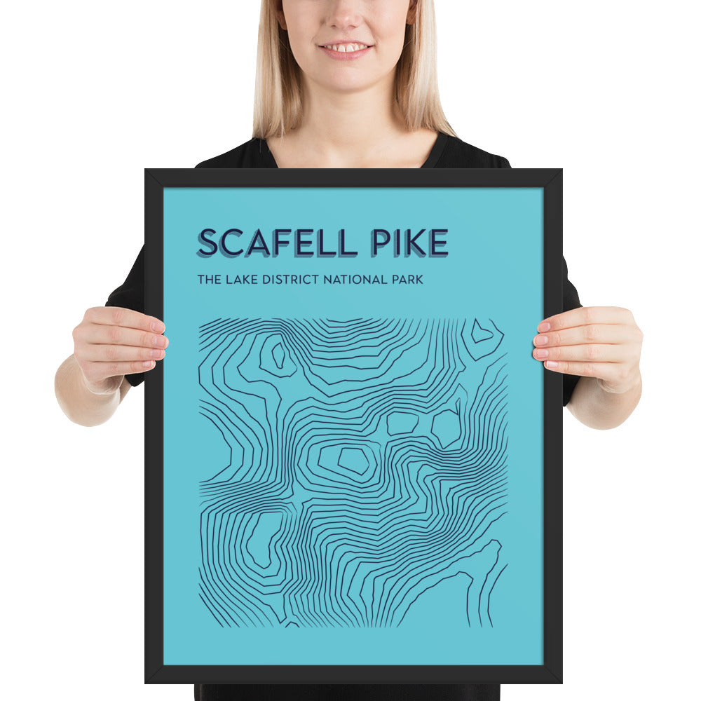 Scafell Pike Contour Elegance Framed Poster - Abstract Topographical Art - Light Blue/Dark Blue