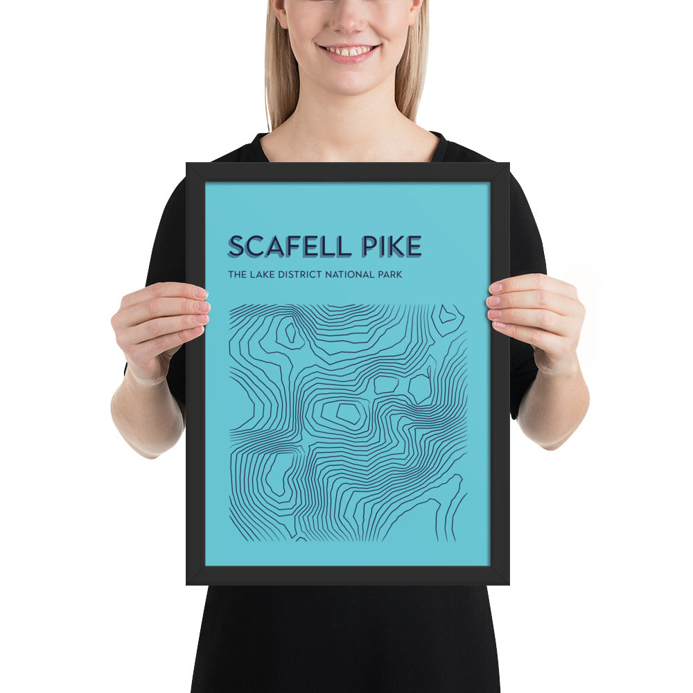 Scafell Pike Contour Elegance Framed Poster - Abstract Topographical Art - Light Blue/Dark Blue